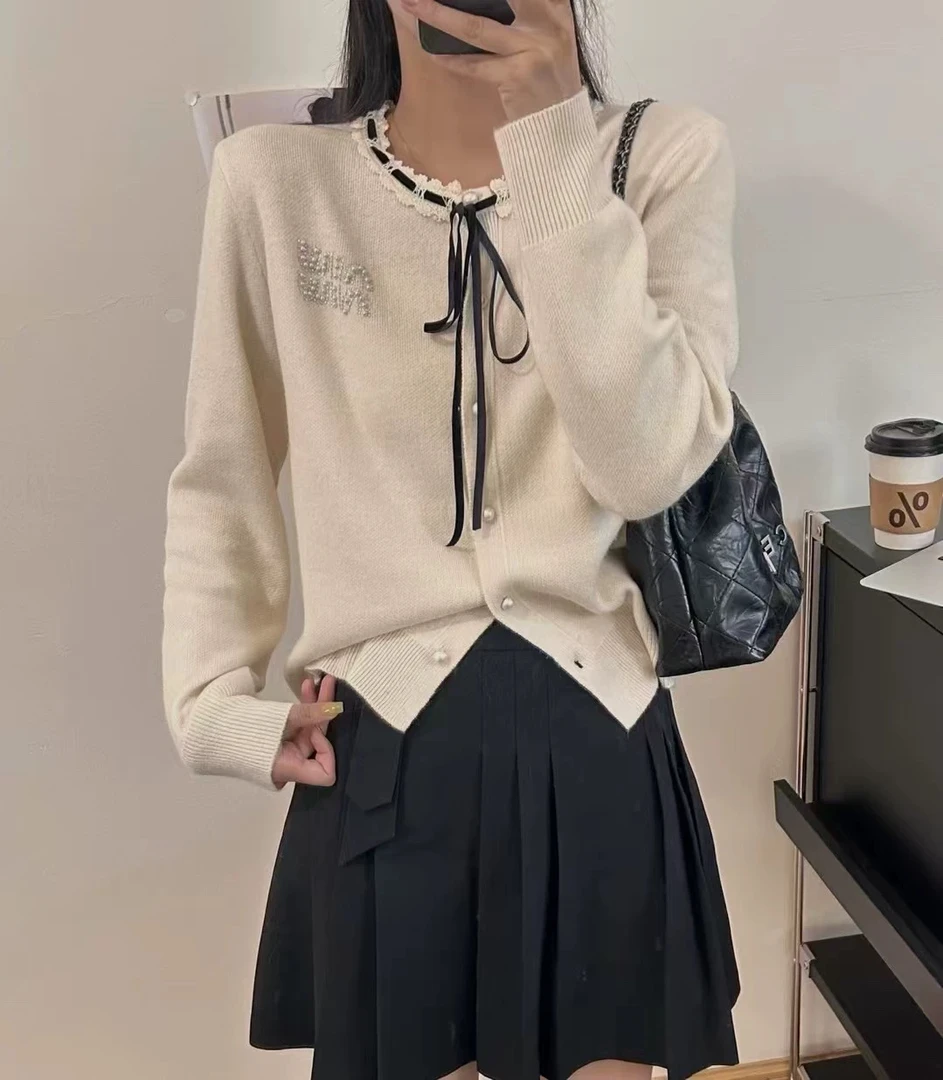 董小姐/蕾丝花边绑带百搭甜美显瘦圆领毛针织开衫