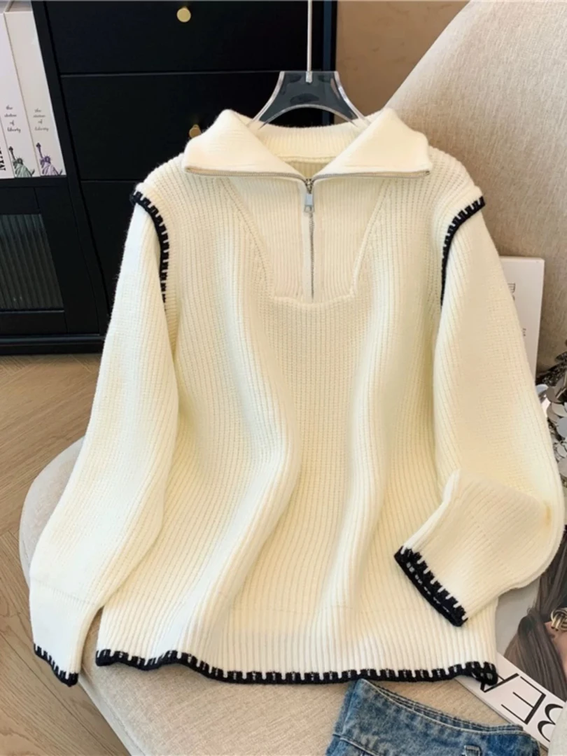 董小姐/宽松慵懒风半拉链Polo领打底针织衫