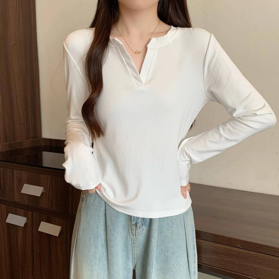 董小姐/【高智淡人】8177韩版半开V领长袖T恤