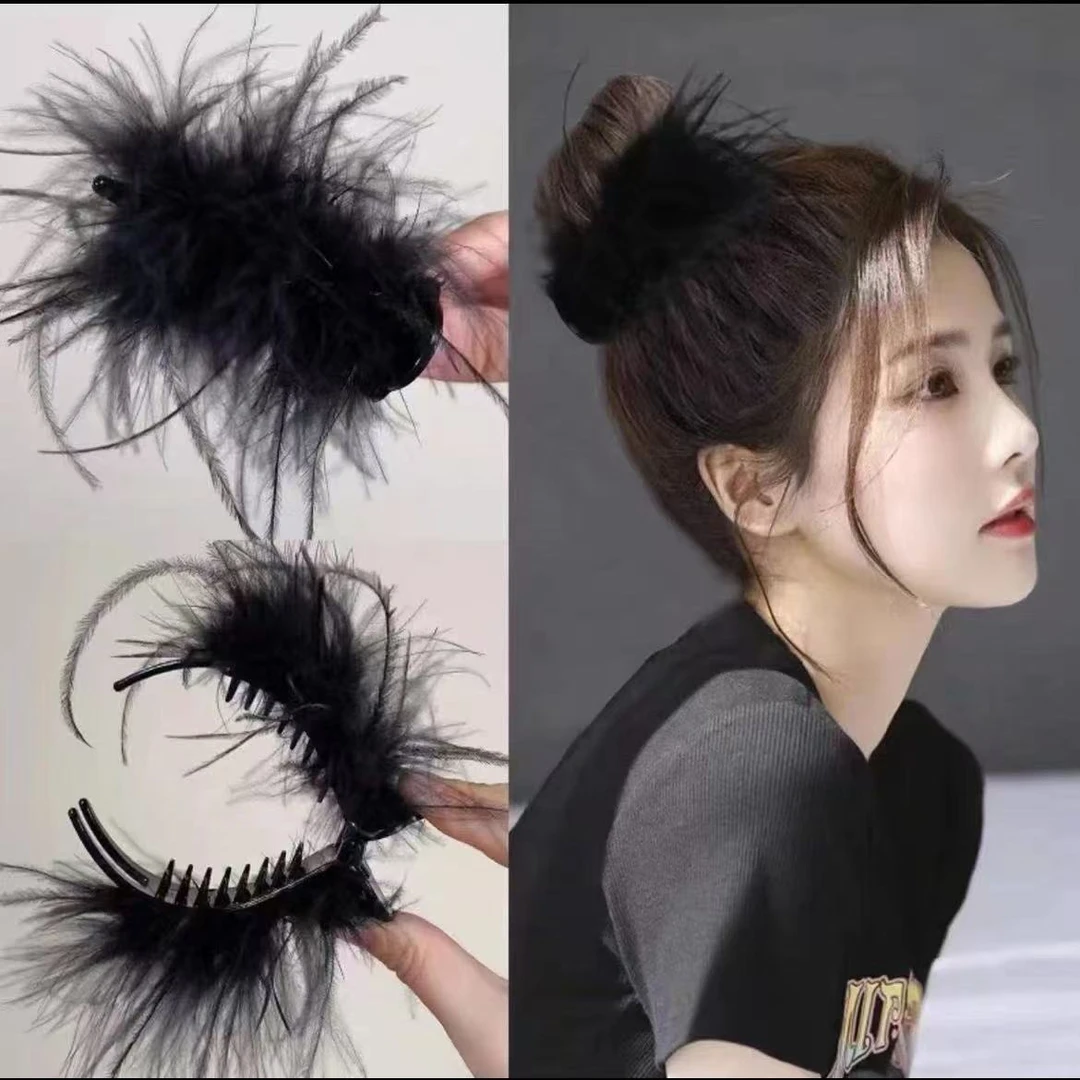 新款丸子头抓夹鸵鸟毛后脑勺低马尾百搭发饰百搭高马尾盘发神器