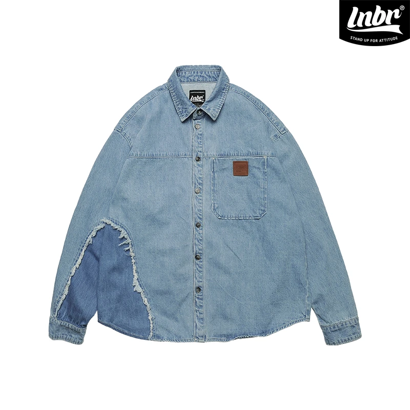 LNBR熊電2022春季休闲牛仔衬衫男国潮复古街头oversize宽松衬衣
