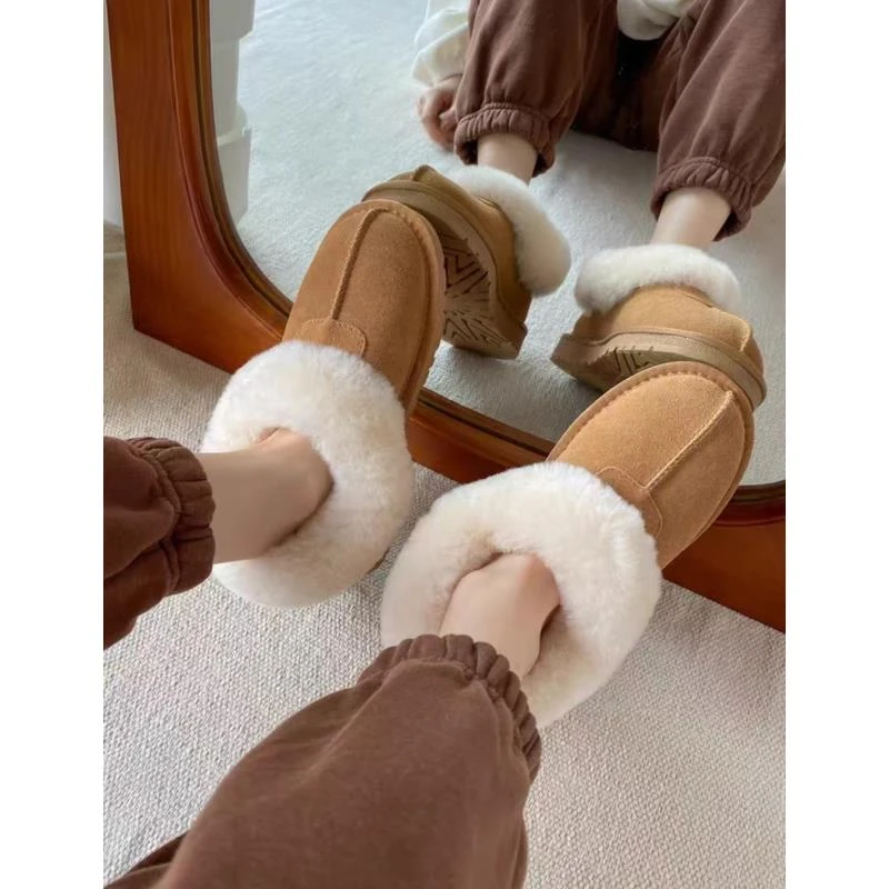 桑坡雪地靴_皮毛一体塔次特厚底雪地靴真毛半拖2024新款加厚