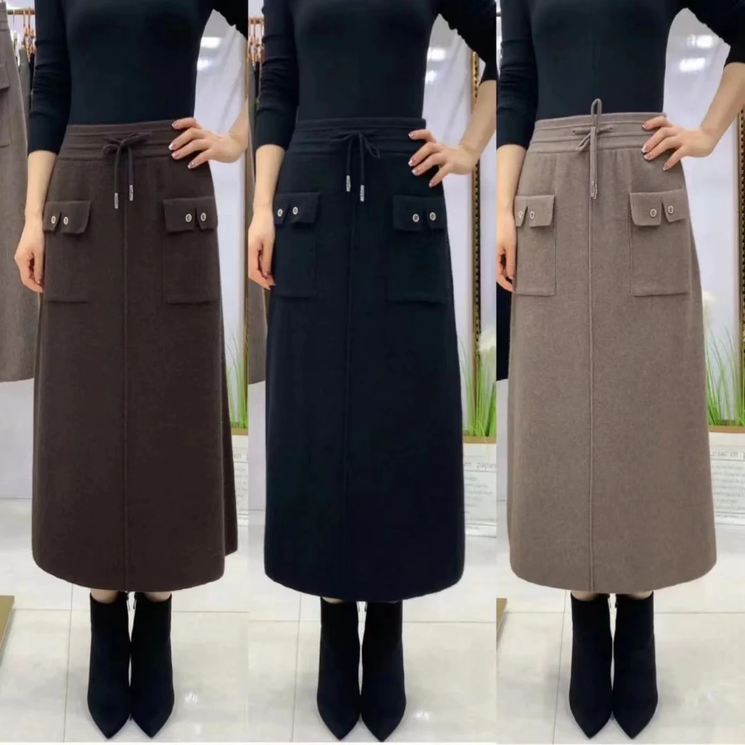 9662秋冬女士中长款显瘦百搭时尚气质高腰弹力抽绳口袋直筒半身裙