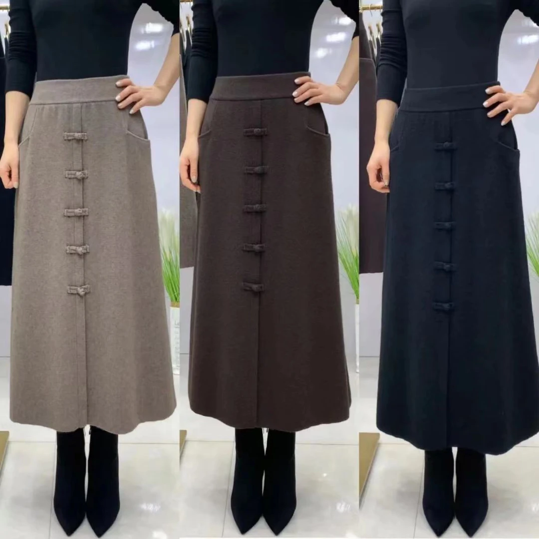 820#盘扣款冬季半裙高腰时尚气质百搭秋冬女士中长款显瘦半身裙