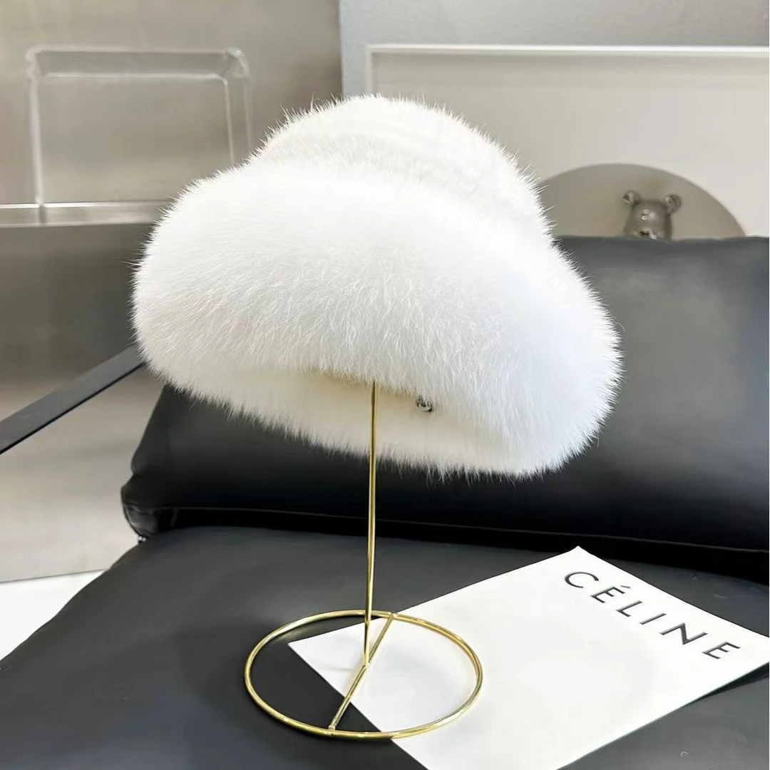 水貂毛帽子女貂毛狐狸毛渔夫帽水貂皮毛绒毛领草帽冬季保暖盆帽