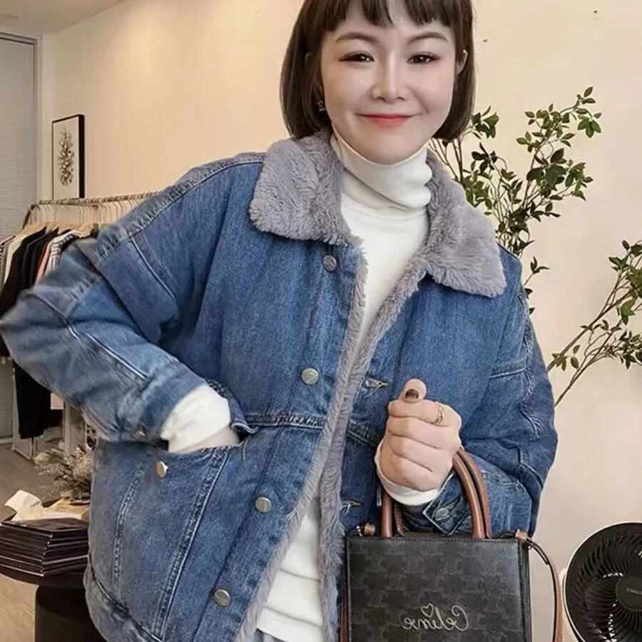 翻领宽松牛仔外套女2024年新款港味单排扣长袖加绒加厚牛仔夹克女