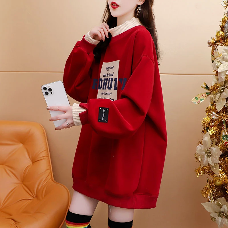 大码胖mm200斤宽松假两件卫衣女中长款秋冬2023新款加绒加厚上衣