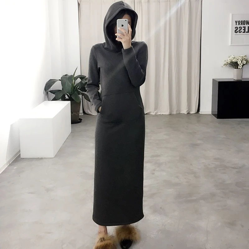 打底连帽卫衣裙女裙子运动口袋带帽秋冬少女长裙休闲中长款显瘦连
