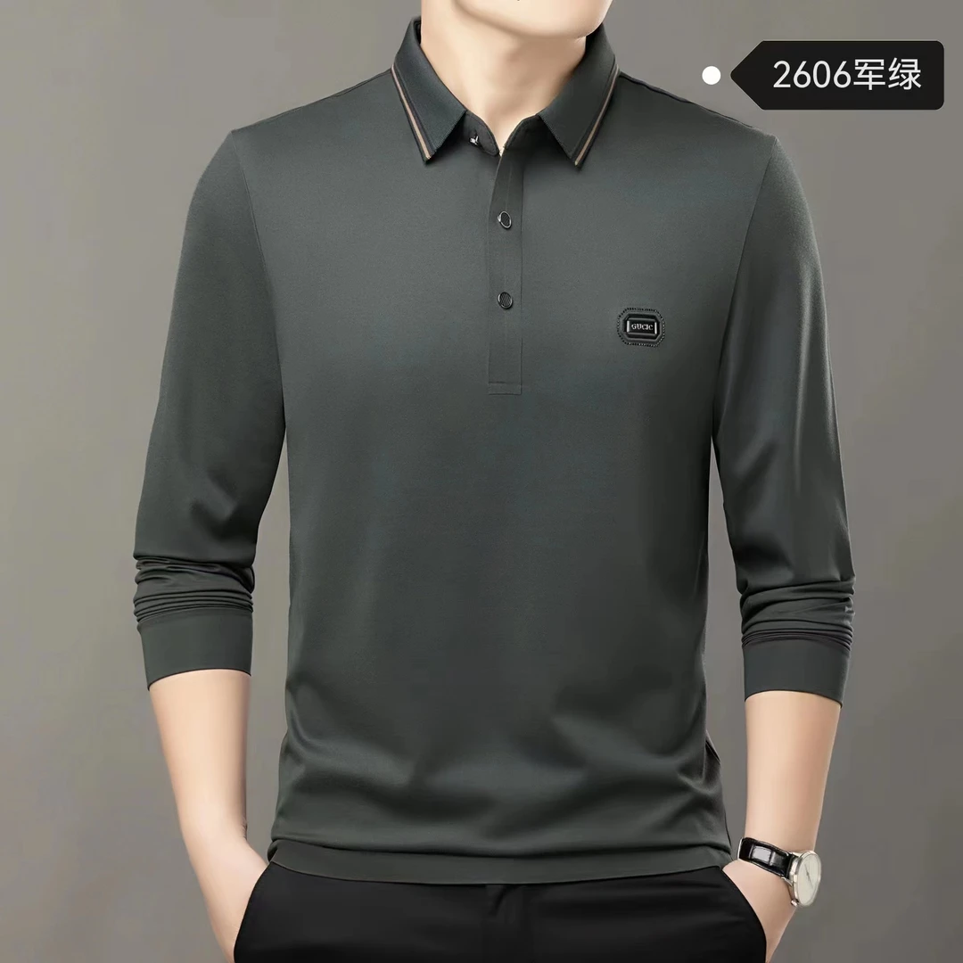 羊毛锦安秋季长袖男士T桖，亲肤透气商务春秋季宽松休闲翻领中年