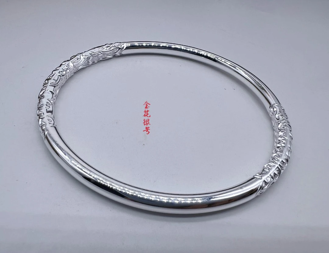 足银手镯 足银【金花银号】花开富贵浮雕闭口手镯手工时尚经典实心