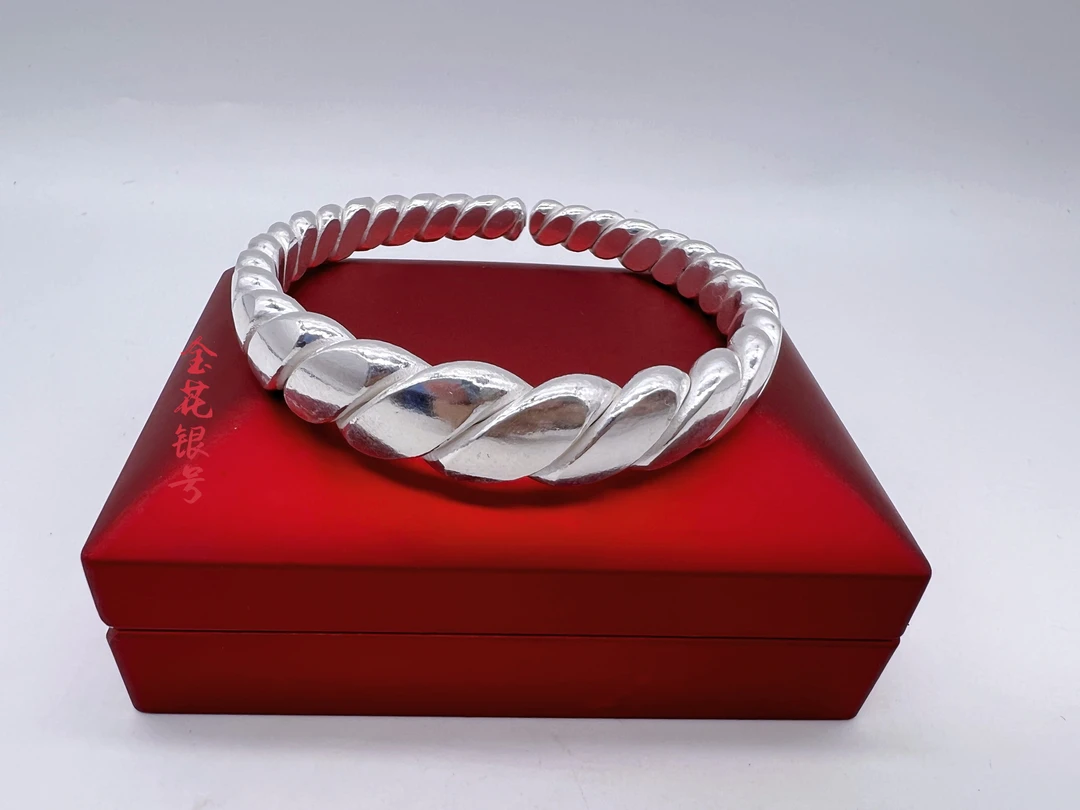 足银手镯 足银【九分】爱的绞织养生手镯纯手工亮面银色时尚