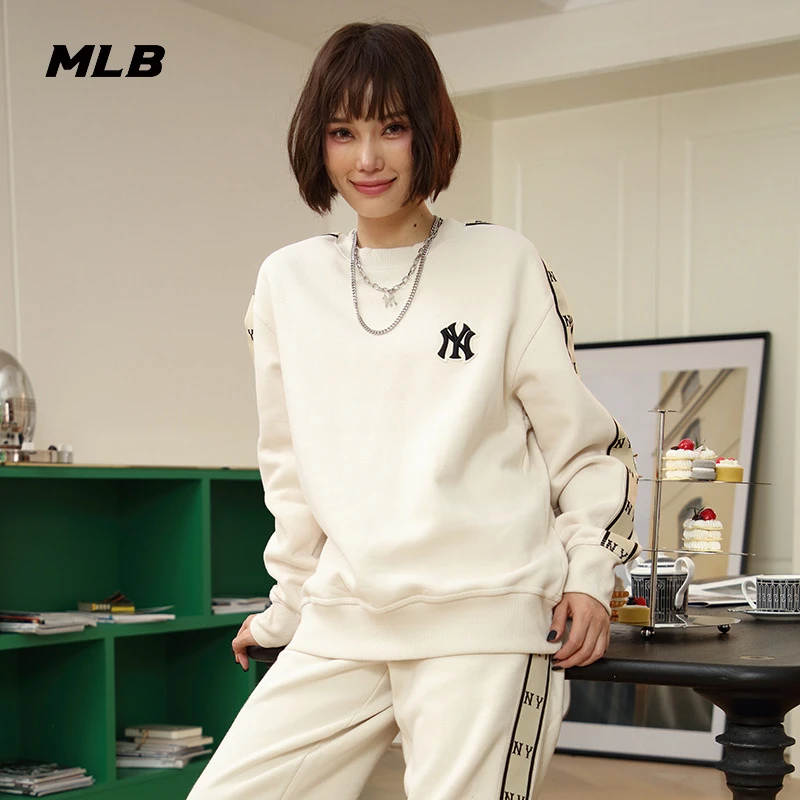 MLB【圆领加绒串标卫衣男女同款】3AMTM0826-50CRS奶油色休闲宽松