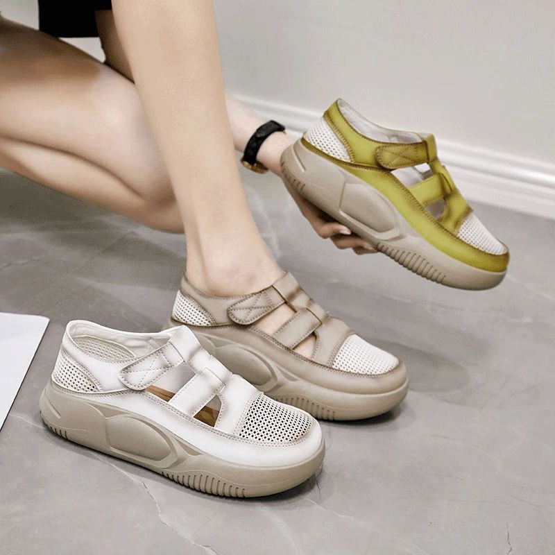 女洞洞鞋2024夏季新款休闲百搭复古镂空透气松糕底单凉鞋