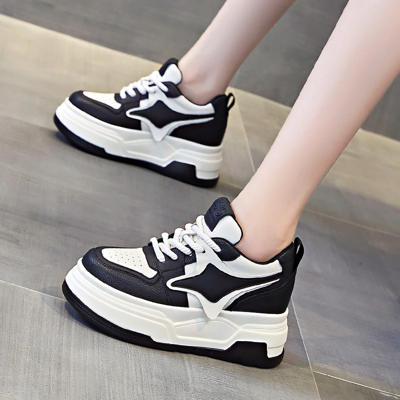 增高7.5cm配裙子小白鞋女2024春季新性拼色熊猫板鞋轻便厚底女鞋