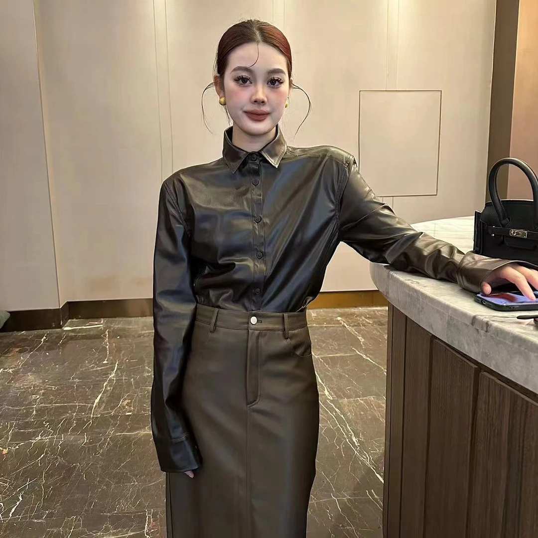 【摩登】2023冬季新款百搭时尚皮衬衣女士休闲设计师气质长袖网红