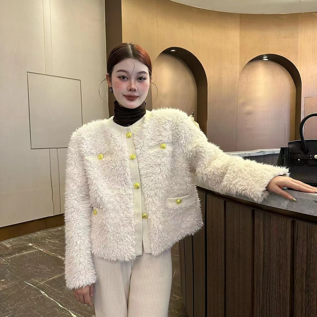 【摩登】2023冬季新款百搭时尚金扣毛呢拼毛毛短款外套毛毛衣外套
