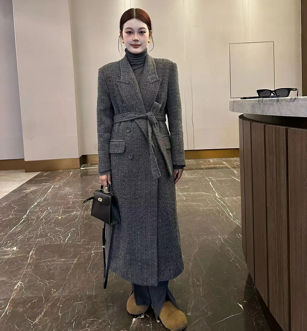 【摩登】2024冬季新款白搭时尚长款腰带小香风长款风衣外套237880