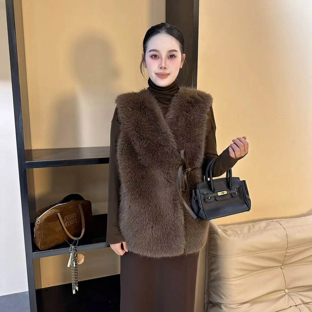 【摩登】2024秋冬女士新款休闲百搭时尚气质系带皮毛马甲TYX-059