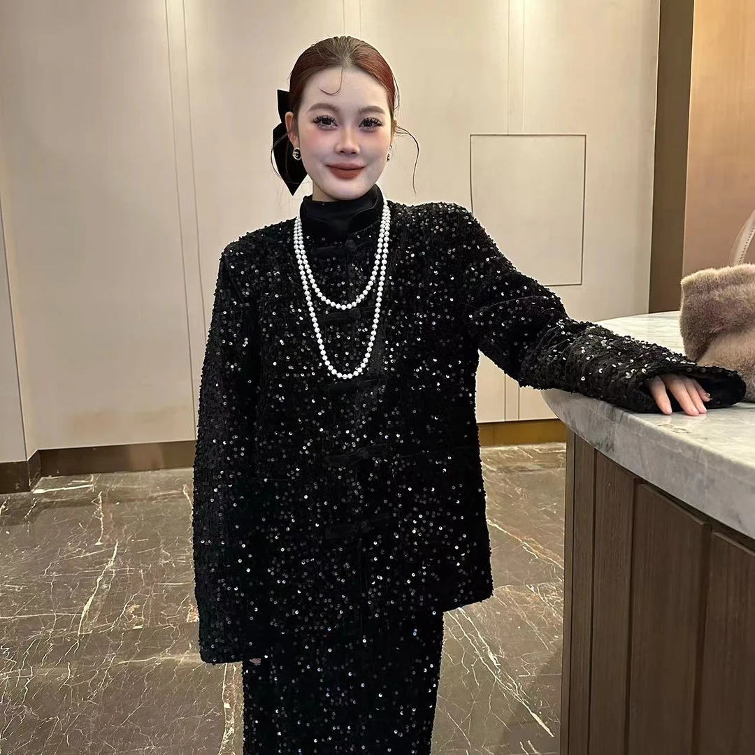 【摩登】2024新款百搭时尚加棉亮片外套小香风气质网红短款休闲