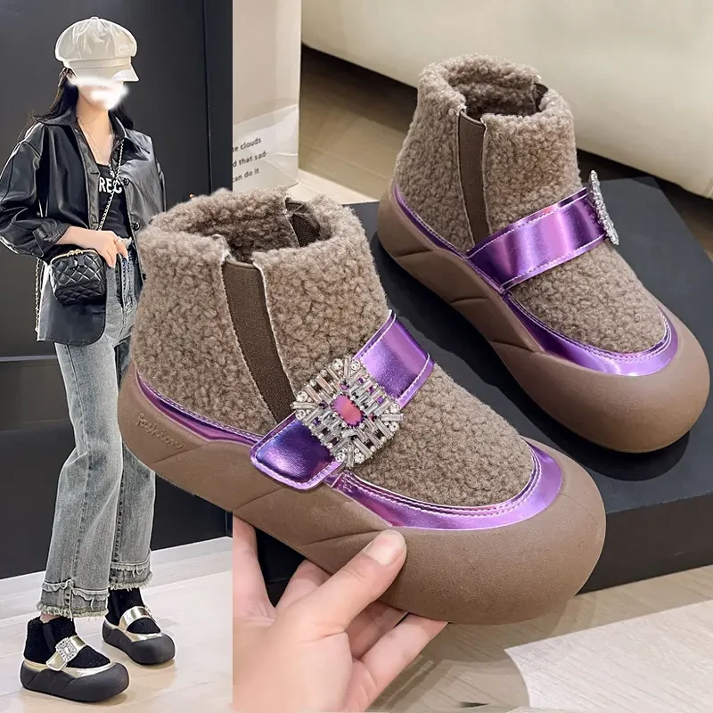 加绒女鞋保暖棉鞋魔术贴运动休闲鞋平底增高鞋