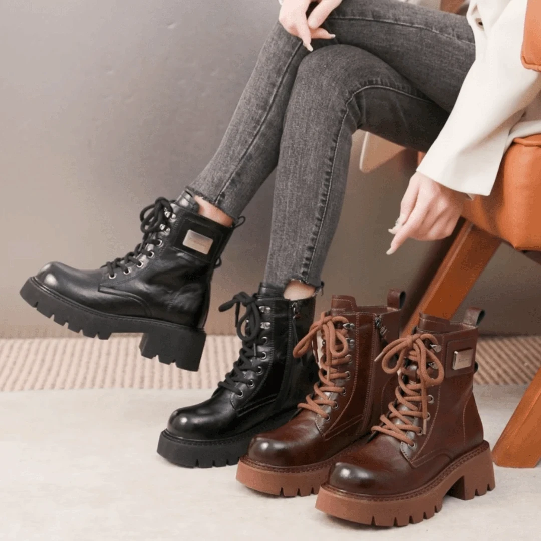 真皮马丁靴女2024年秋冬新款复古休闲美拉德加绒厚底粗跟圆头短靴