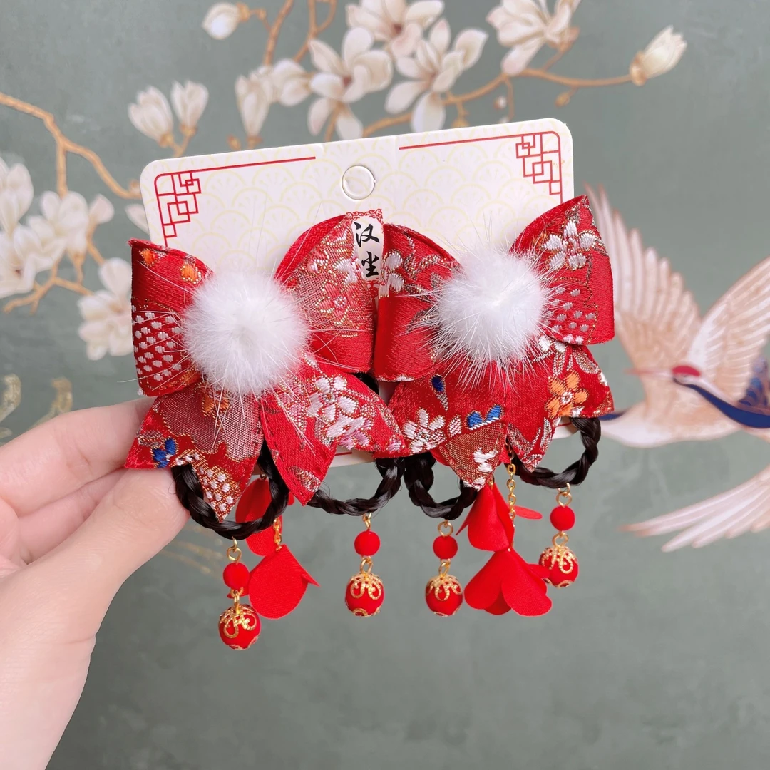 新年女童汉服头饰儿童古装发夹假发小女孩古风发饰头花步摇流苏