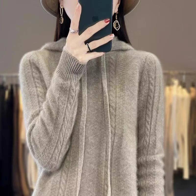 鄂尔多斯市100%纯羊毛衫女士毛衣针织羊绒打底衫时尚百搭连帽加厚