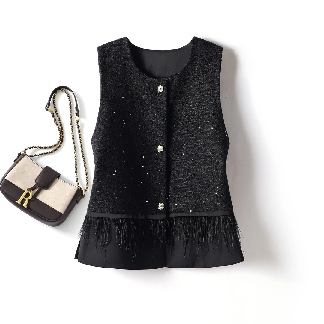 气质小香风亮片马甲上衣2025春秋圆领下摆法式鸵鸟羽毛拼接背心女