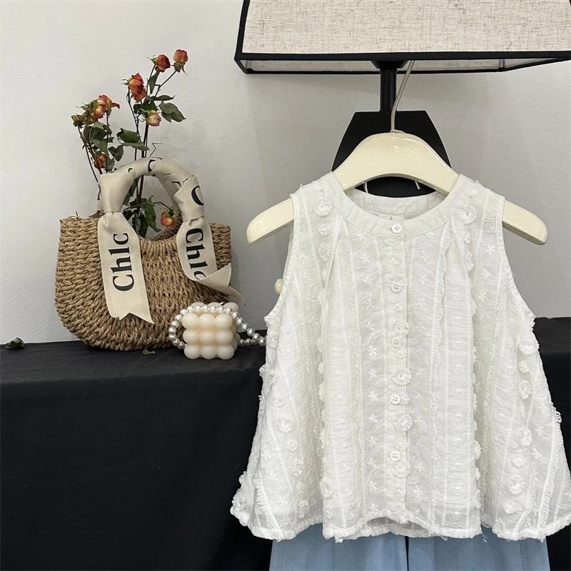 【浪漫满屋】童装儿童无袖衬衫夏季女童衬衣设计感花边刺绣女孩上衣