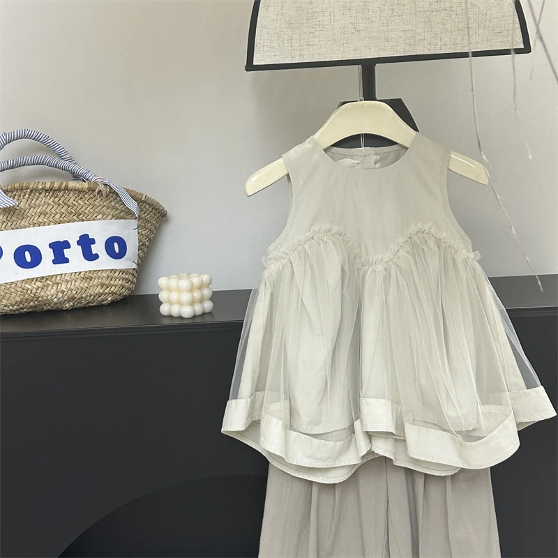 【淡金】童装女童无袖背心衬衫2024夏季韩版洋气网纱娃娃衫上衣潮