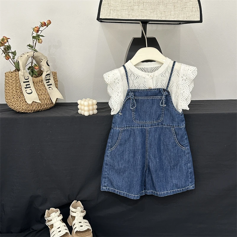 现货【恰好】儿童牛仔背带裤夏季女童裤子洋气中大童休闲直筒阔腿裤