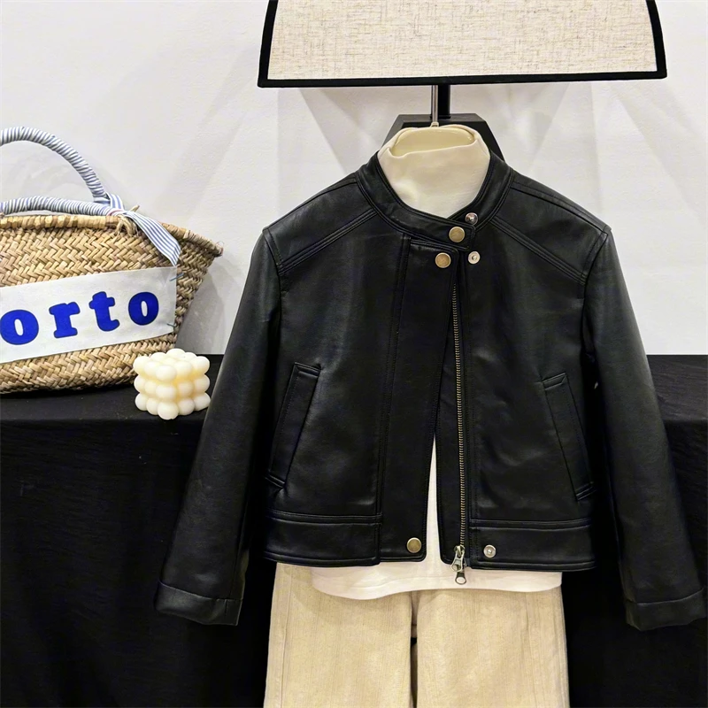 现货leomama【黑皮衣】童装儿童秋冬夹克韩版潮酷皮外套女童皮衣