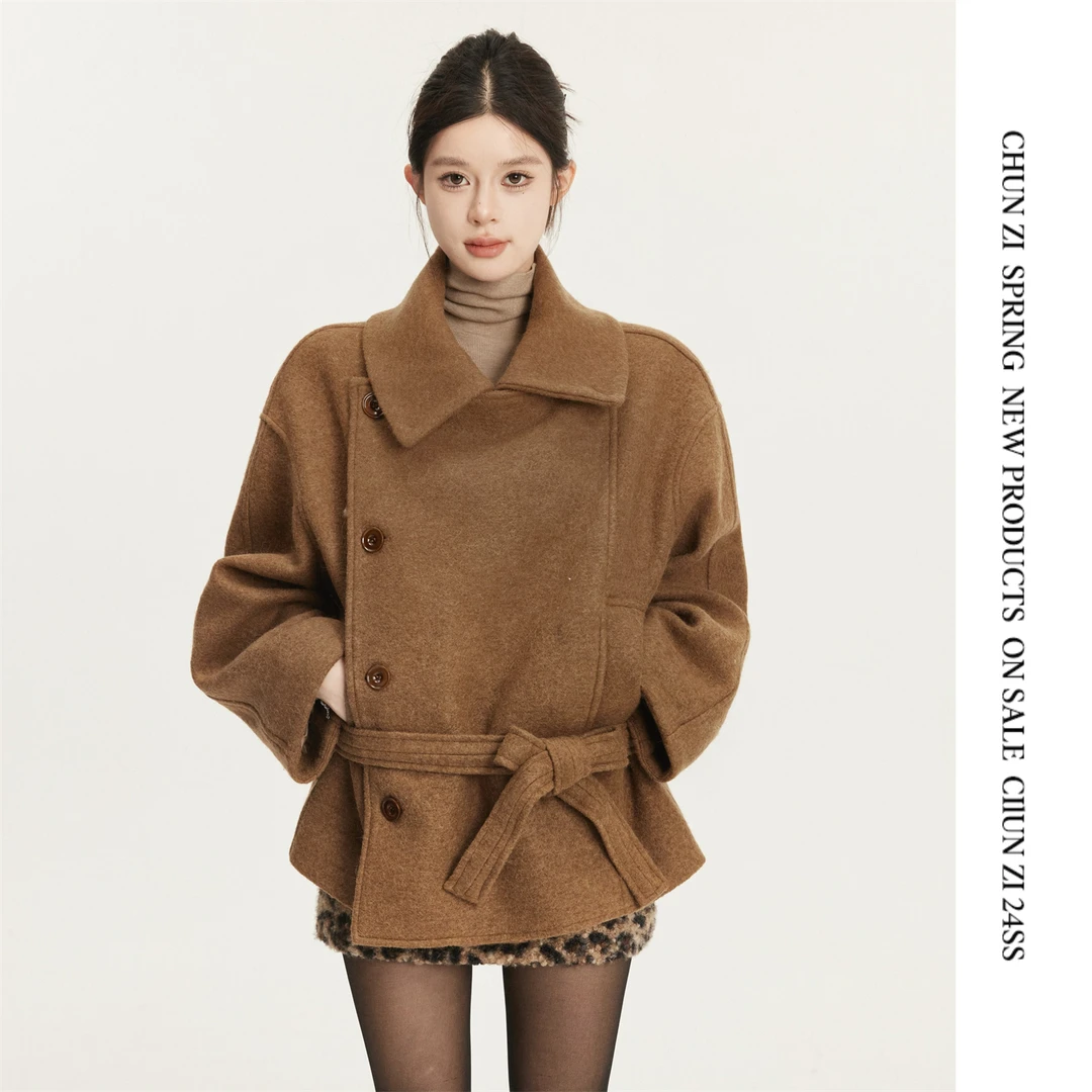 【CHUN ZI】「金敏喜大衣」立领短款双排扣宽松毛呢大衣外套女
