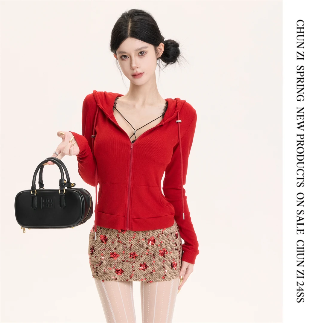 【CHUN ZI】氧气美女 连帽修身针织开衫显瘦弹力短款外套女