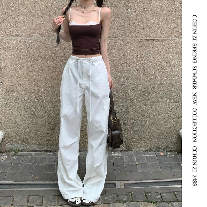 【CHUN ZI】新款夏季清爽透气白色休闲工装裤降落伞裤子短款阔腿裤