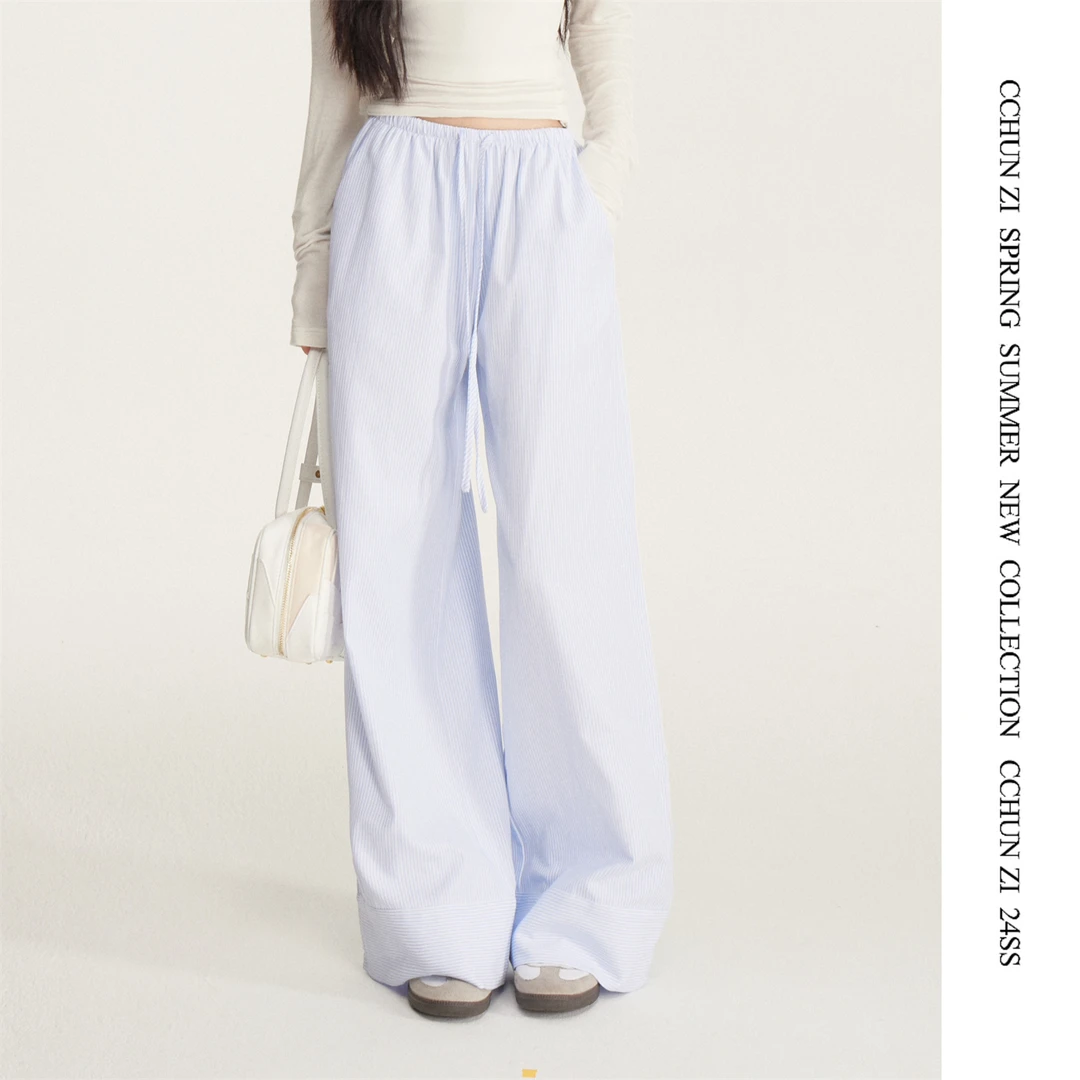 【CHUN ZI】蓝色竖条纹阔腿裤女夏慵懒松紧腰显瘦宽松休闲直筒长裤