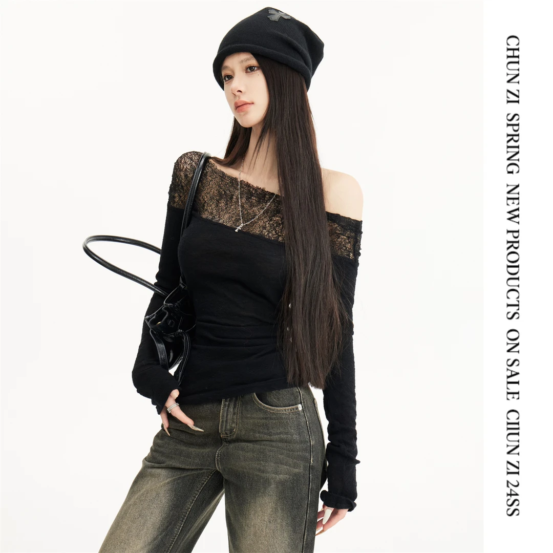 【CHUN ZI】复古时髦一字肩蕾丝拼接微透辣妹长袖上衣