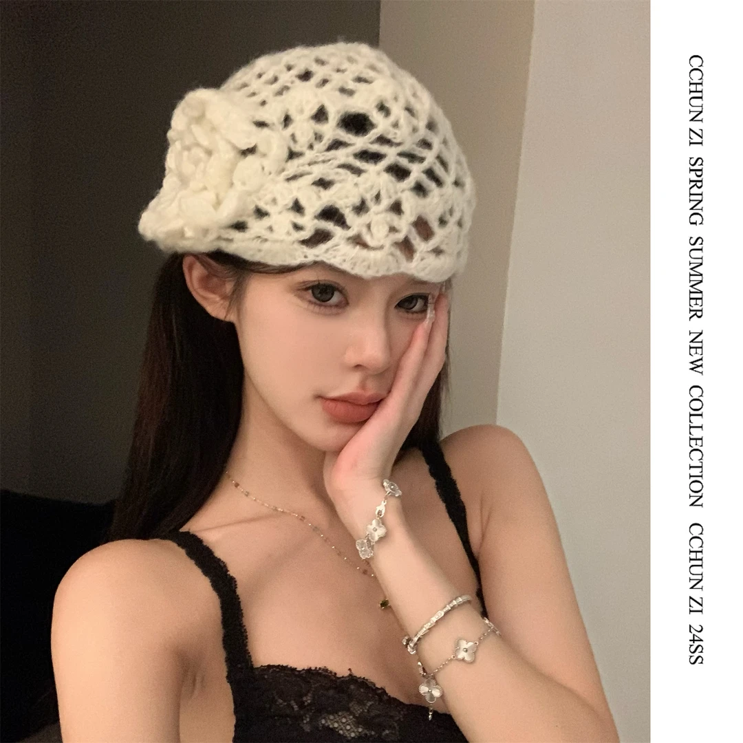 【CHUN ZI】复古手工立体钩花镂空包头帽女时髦优雅个性针织冷帽
