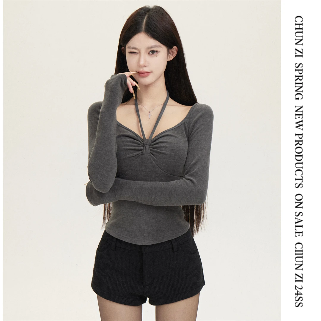 【CHUN ZI】撩心嗲妹 百搭收腰长袖挂脖打底衫女内搭上衣