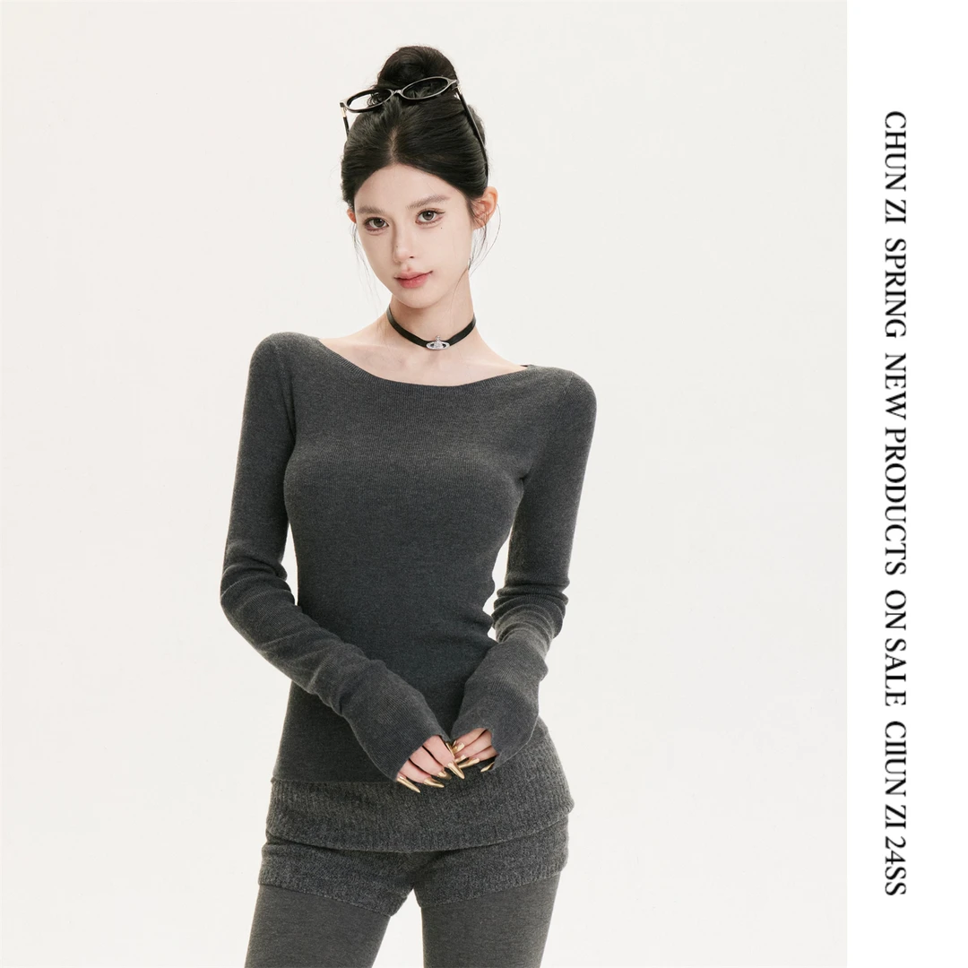 【CHUN ZI】百搭一字肩T恤女秋冬修身显瘦长袖上衣