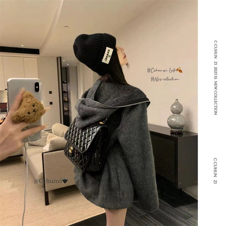 【CHUN ZI】氛围感拿捏 长毛拉链长款连帽廓形oversized外套