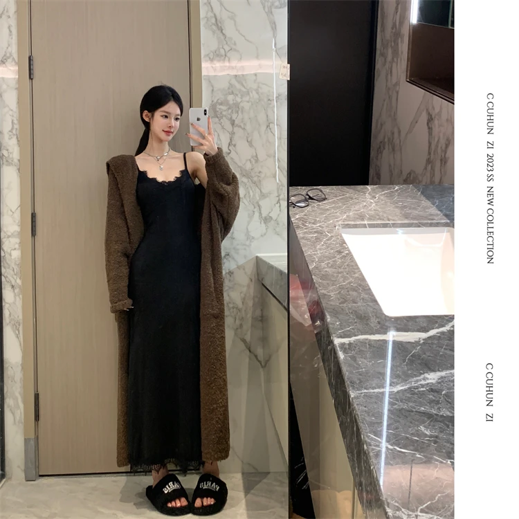 【CHUN ZI】连帽毛线开衫2023秋冬慵懒感气质休闲长款外套