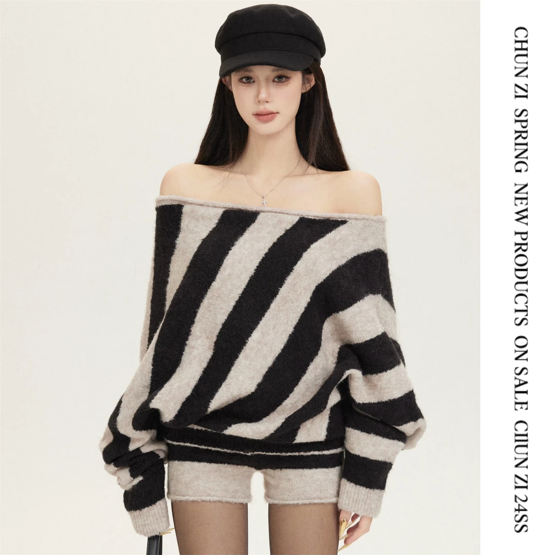 【CHUN ZI】2024秋冬条纹针织毛衣女宽松慵懒风套头长袖上衣