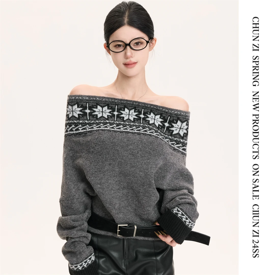 【CHUN ZI】秋冬季小众设计感费尔岛套头印花针织一字肩毛衣女