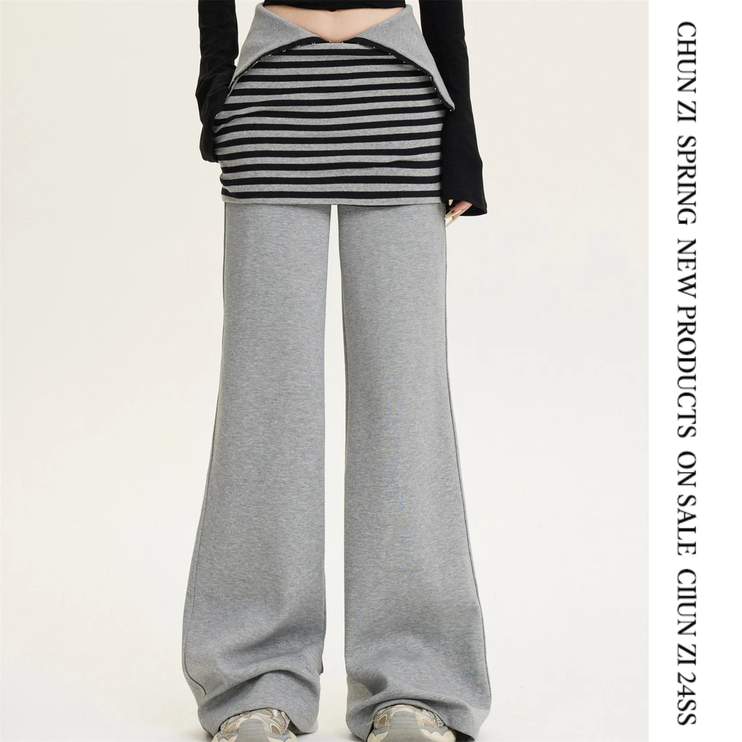 【CHUN ZI】秋冬新款 美式复古翻腰灰色阔腿条纹裙摆廓形长卫裤女