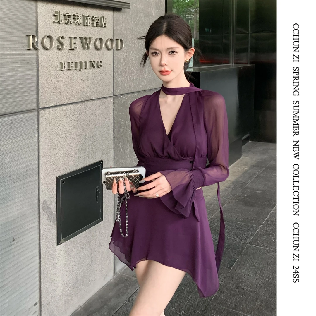 【CHUN ZI】韩系纯欲套装女夏交领飘带上衣+不规则半裙裤两件套