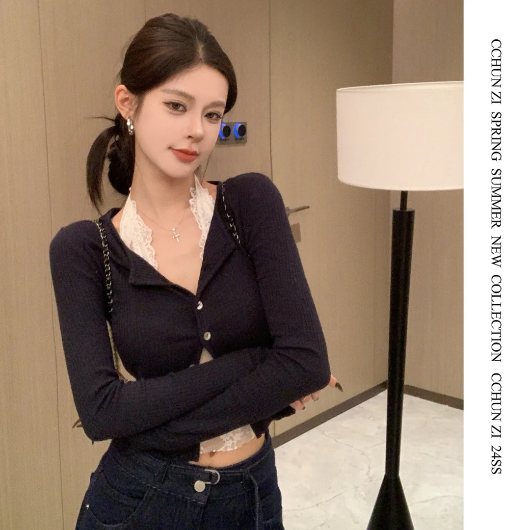 【CHUN ZI】坑条密拷小开衫女新v领修身显瘦长袖外穿上衣