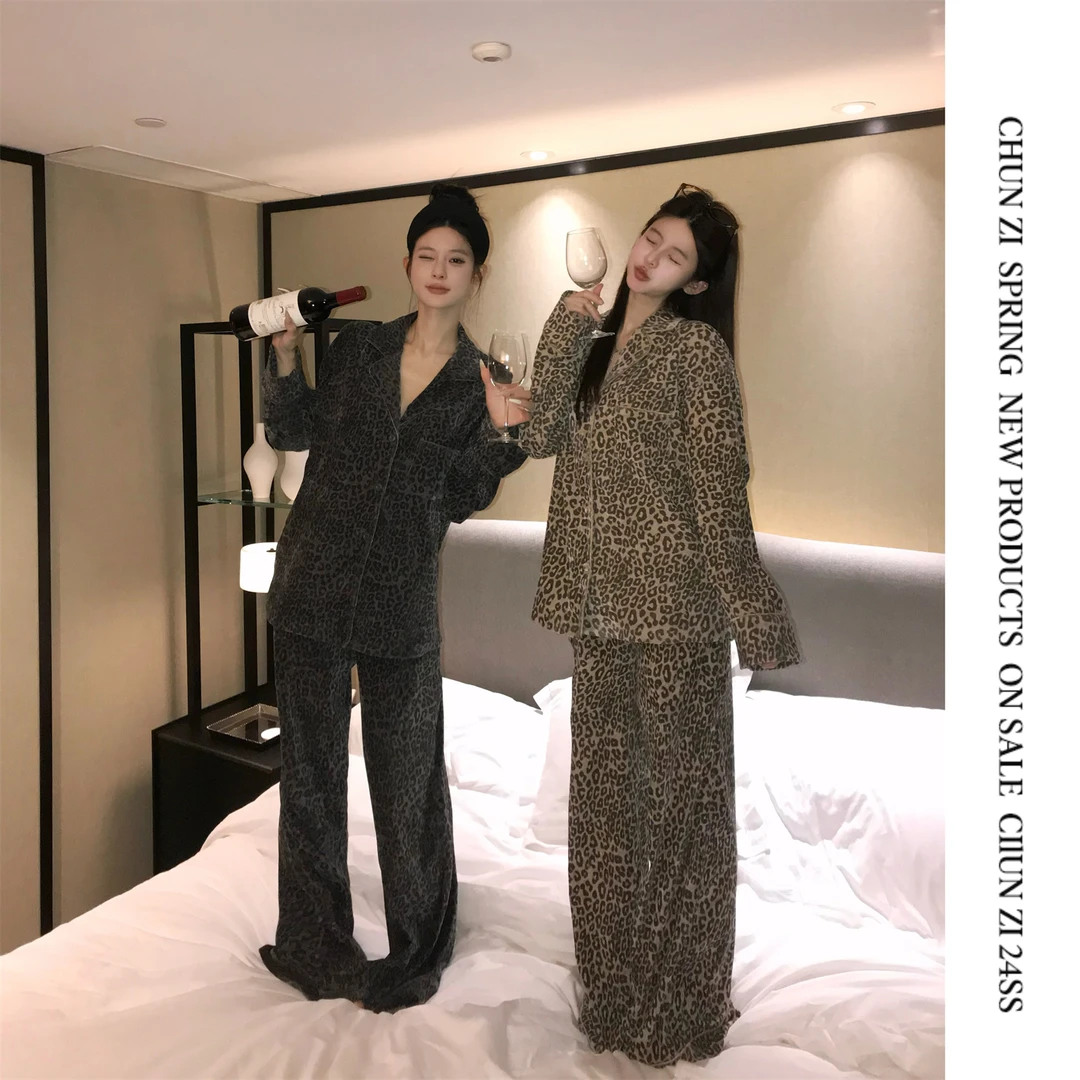 【CHUN ZI】老钱风豹纹睡衣套装女秋冬新款美式复古时髦气质家居服
