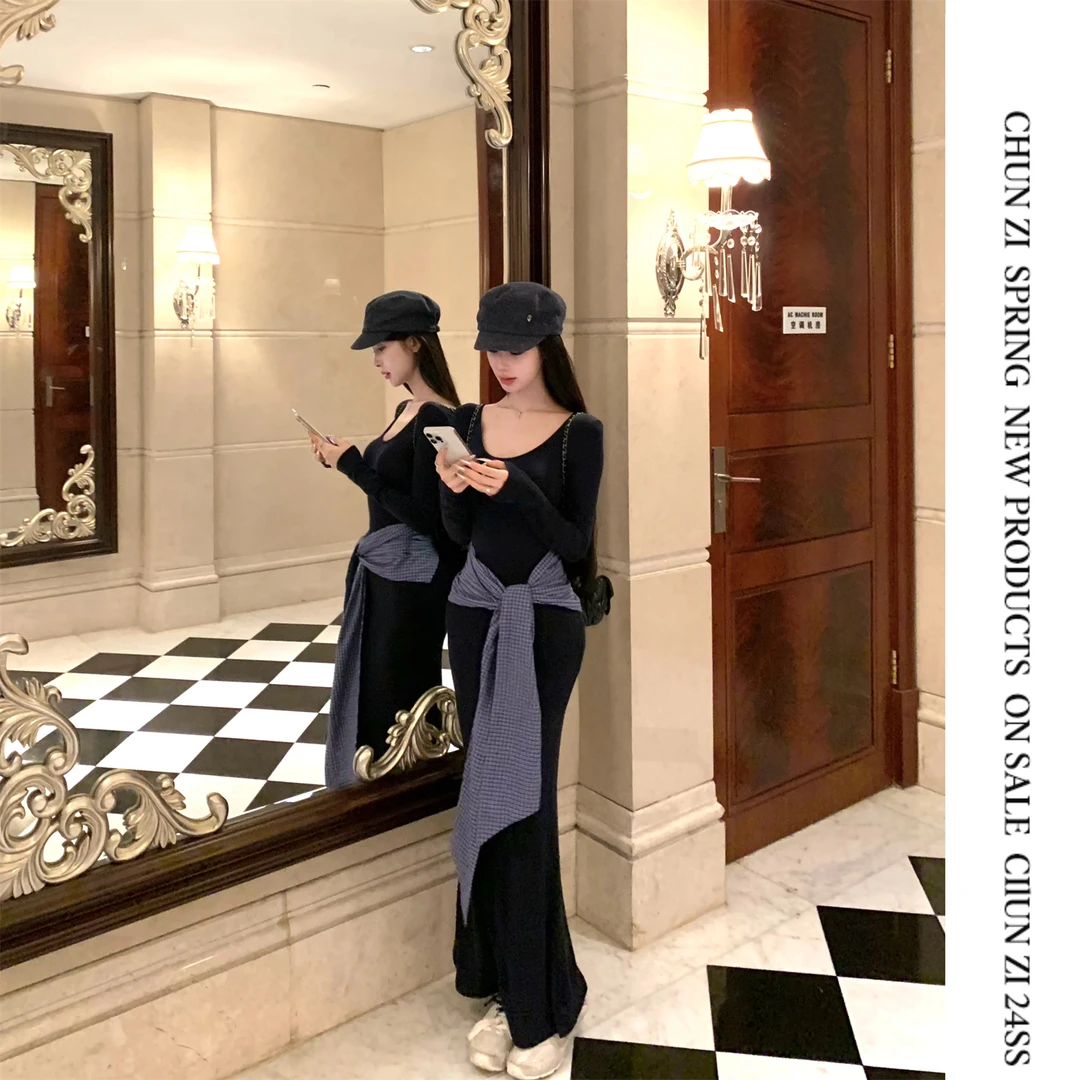 【CHUN ZI】复古小众设计感气质真两件多穿法丝巾绑带长袖连衣裙