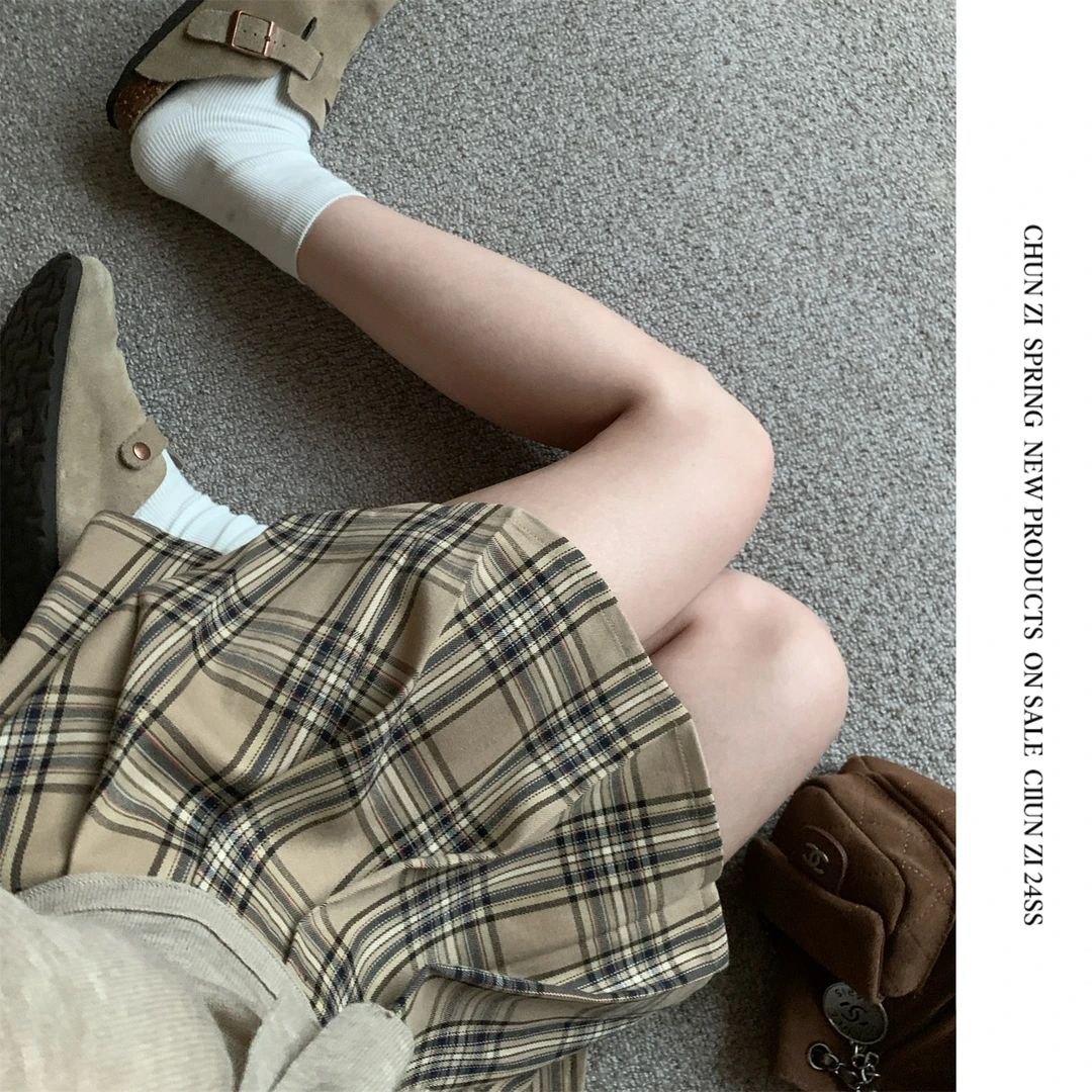 【CHUN ZI】美式辣妹格纹百褶裙女设计感短裙百搭小众秋冬裙子